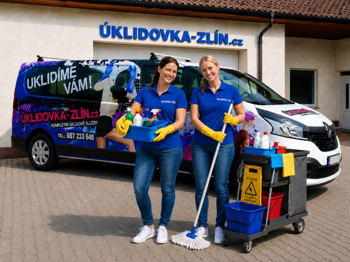 Profesionální úklid domácností, kanceláří, firem a bytových domů ve Zlíně – pracovnice ÚKLIDOVKA-ZLÍN před firemní dodávkou.